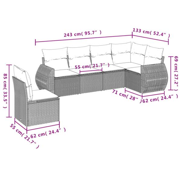 6-teiliges Gartensofa-Set mit Kissen, grau, Polyrattan
