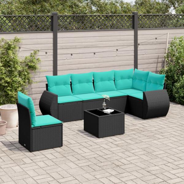 ARDEBO.de - 7-teiliges Gartensofa-Set mit Kissen, schwarzes Polyrattan