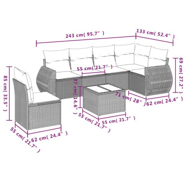 7-teiliges Gartensofa-Set mit Kissen, braun, Polyrattan