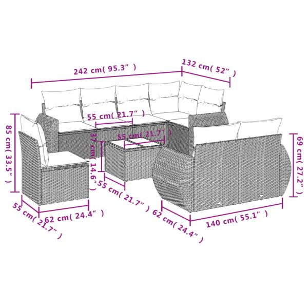 9-teiliges Gartensofa-Set mit Kissen, braun, Polyrattan