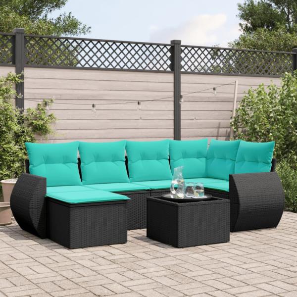 ARDEBO.de - 7-teiliges Gartensofa-Set mit Kissen, schwarzes Polyrattan