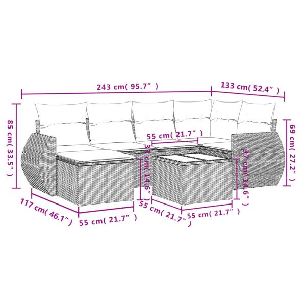 7-teiliges Gartensofa-Set mit Kissen, schwarzes Polyrattan