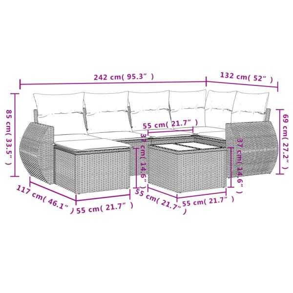 7-teiliges Gartensofa-Set mit Kissen, grau, Polyrattan