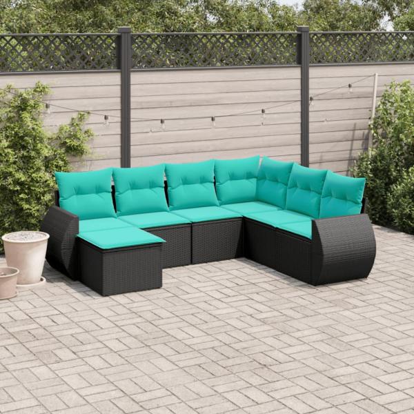 ARDEBO.de - 7-teiliges Gartensofa-Set mit Kissen, schwarzes Polyrattan