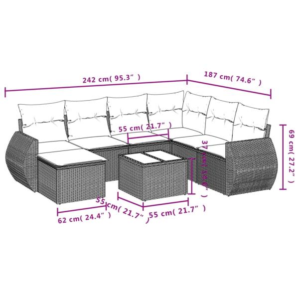 8-teiliges Gartensofa-Set mit Kissen, grau, Polyrattan