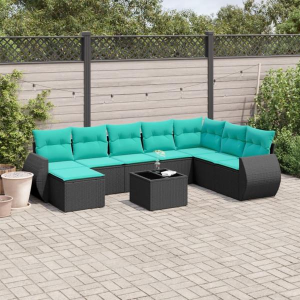 ARDEBO.de - 9-teiliges Gartensofa-Set mit Kissen, schwarzes Polyrattan