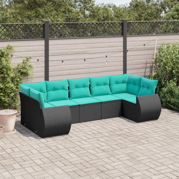 ARDEBO.de - 7-teiliges Gartensofa-Set mit Kissen, schwarzes Polyrattan