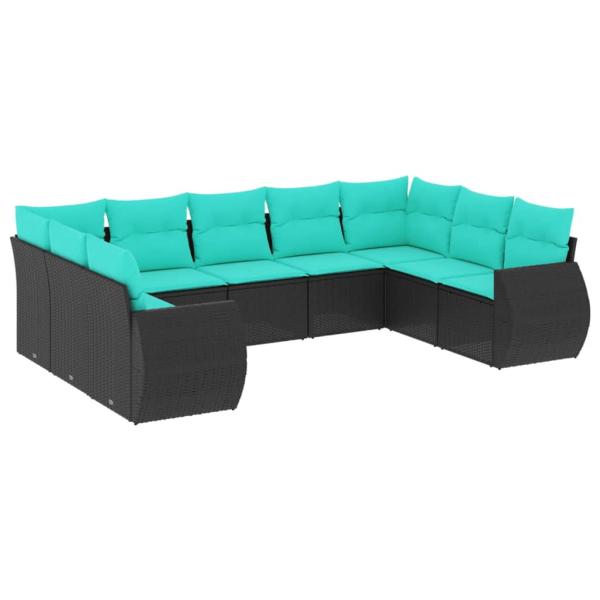 9-teiliges Gartensofa-Set mit Kissen, schwarzes Polyrattan