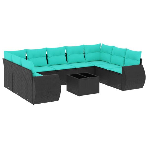 10-teiliges Gartensofa-Set mit Kissen, schwarzes Polyrattan