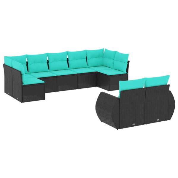 9-teiliges Gartensofa-Set mit Kissen, schwarzes Polyrattan