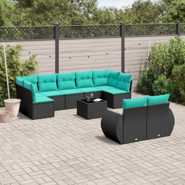 ARDEBO.de - 10-teiliges Gartensofa-Set mit Kissen, schwarzes Polyrattan