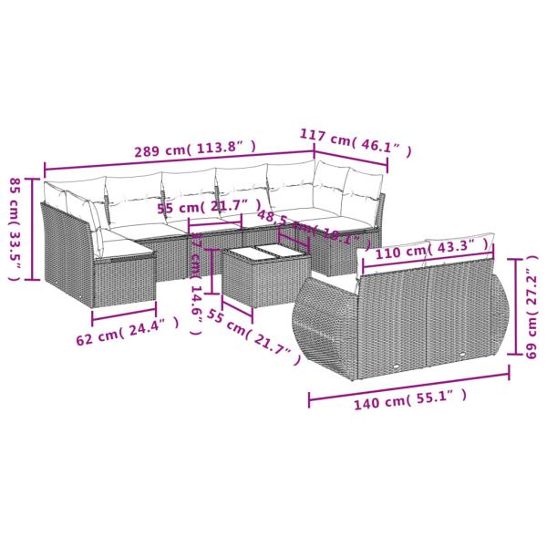10-teiliges Gartensofa-Set mit Kissen, grau, Polyrattan