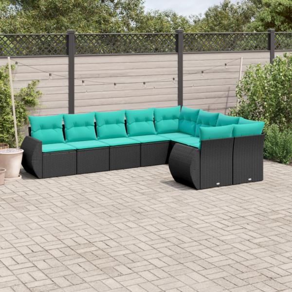 ARDEBO.de - 9-teiliges Gartensofa-Set mit Kissen, schwarzes Polyrattan