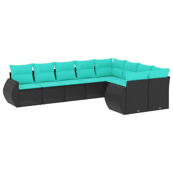 9-teiliges Gartensofa-Set mit Kissen, schwarzes Polyrattan