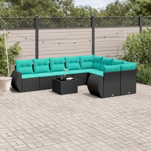ARDEBO.de - 10-teiliges Gartensofa-Set mit Kissen, schwarzes Polyrattan