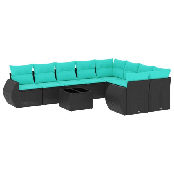 10-teiliges Gartensofa-Set mit Kissen, schwarzes Polyrattan