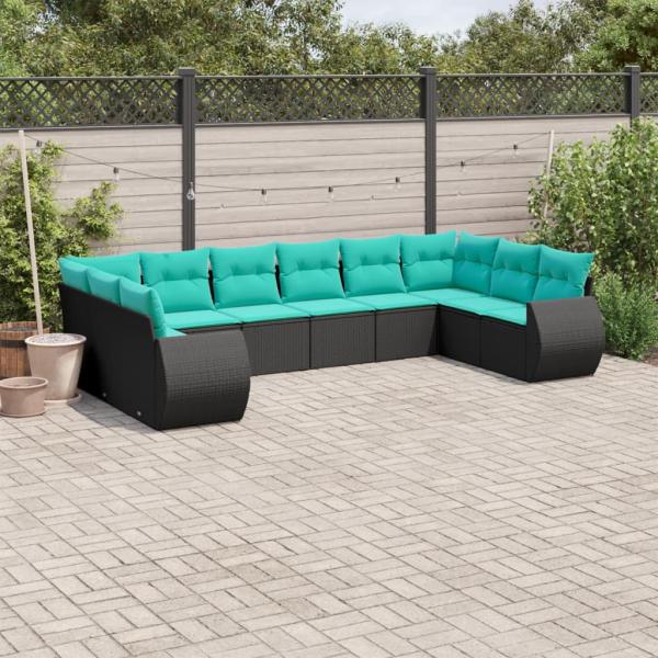ARDEBO.de - 10-teiliges Gartensofa-Set mit Kissen, schwarzes Polyrattan