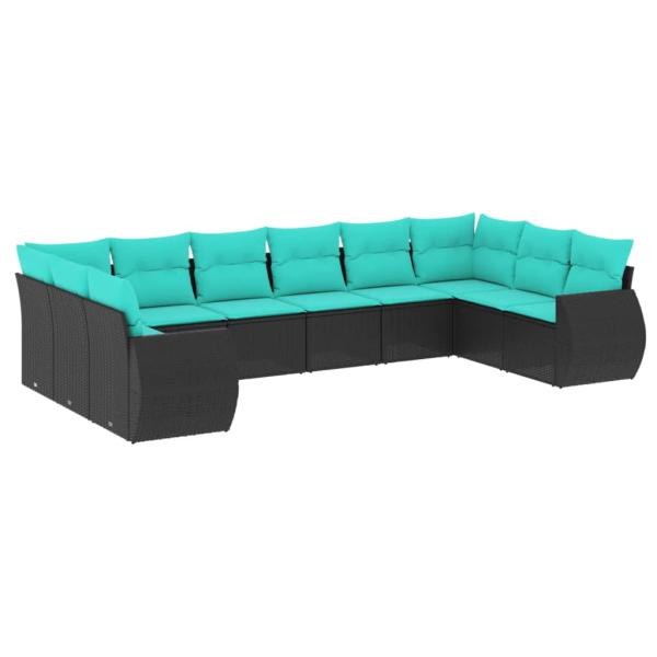 10-teiliges Gartensofa-Set mit Kissen, schwarzes Polyrattan