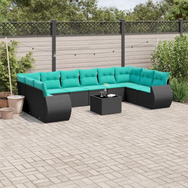 ARDEBO.de - 11-teiliges Gartensofa-Set mit Kissen, schwarzes Polyrattan