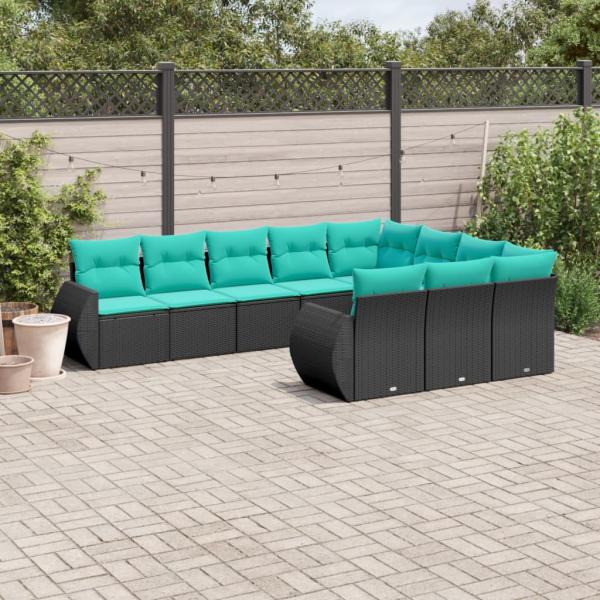 ARDEBO.de - 10-teiliges Gartensofa-Set mit Kissen, schwarzes Polyrattan