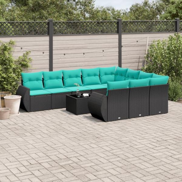 ARDEBO.de - 11-teiliges Gartensofa-Set mit Kissen, schwarzes Polyrattan