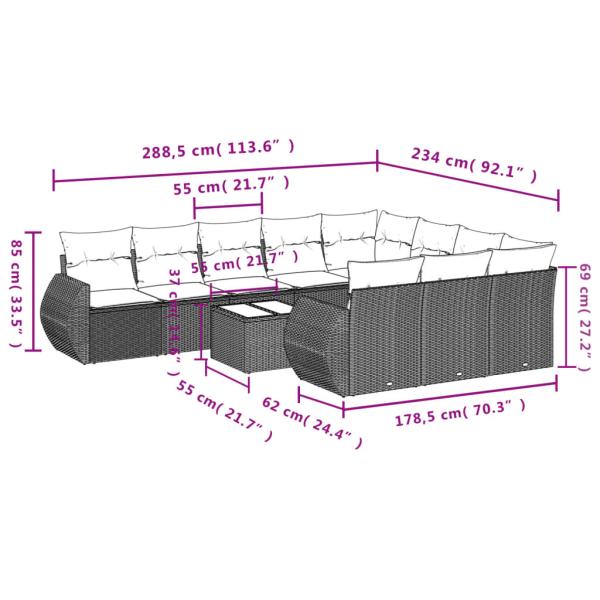 11-teiliges Gartensofa-Set mit Kissen, braun, Polyrattan