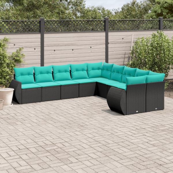 ARDEBO.de - 10-teiliges Gartensofa-Set mit Kissen, schwarzes Polyrattan
