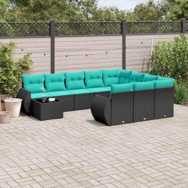 ARDEBO.de - 11-teiliges Gartensofa-Set mit Kissen, schwarzes Polyrattan