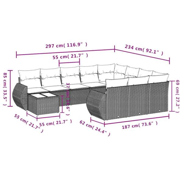 11-teiliges Gartensofa-Set mit Kissen, schwarzes Polyrattan
