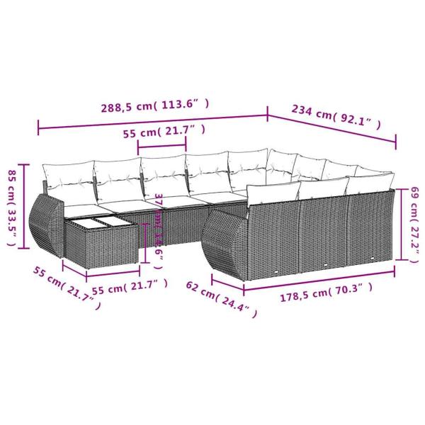 11-teiliges Gartensofa-Set mit Kissen, braun, Polyrattan
