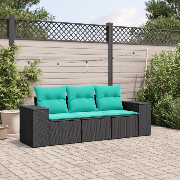 ARDEBO.de - 3-teiliges Gartensofa-Set mit Kissen, schwarzes Polyrattan