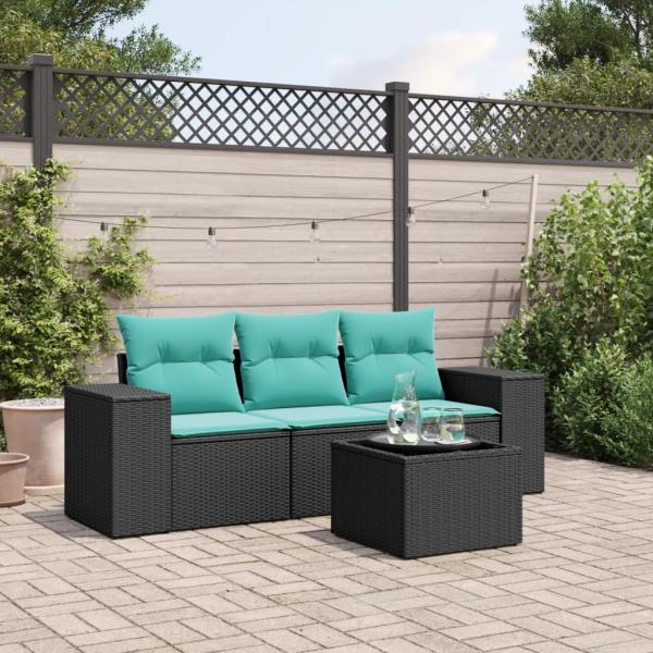 ARDEBO.de - 4-teiliges Gartensofa-Set mit Kissen, schwarzes Polyrattan
