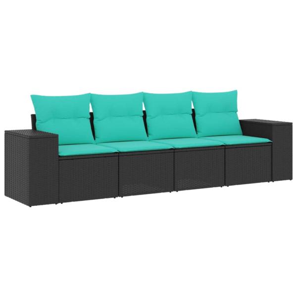 4-teiliges Gartensofa-Set mit Kissen, schwarzes Polyrattan