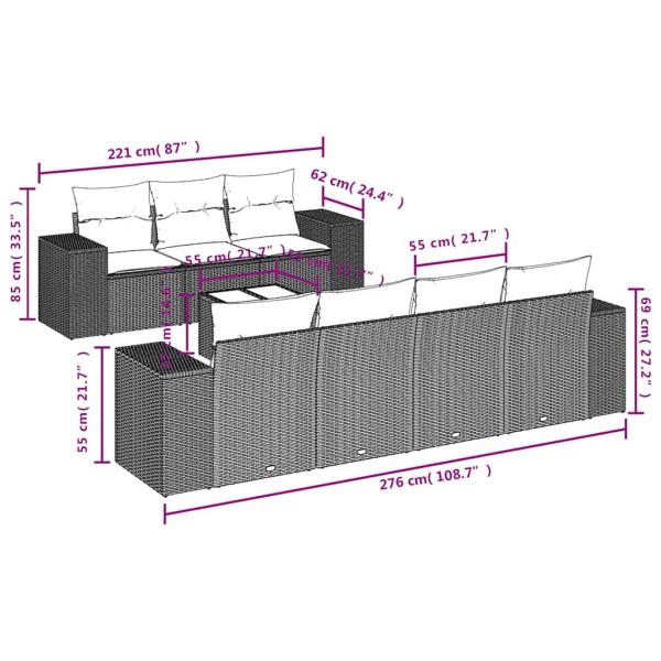 8-teiliges Gartensofa-Set mit Kissen, grau, Polyrattan