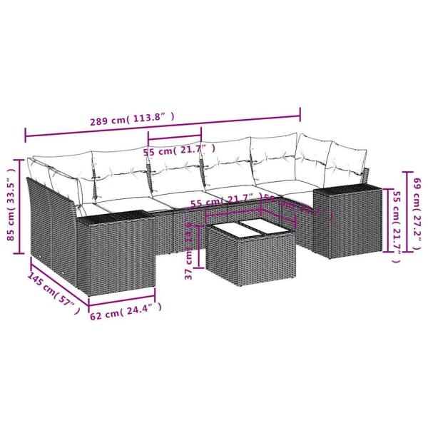 8-teiliges Gartensofa-Set mit Kissen, schwarzes Polyrattan
