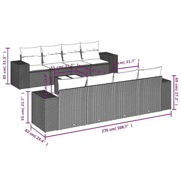 9-teiliges Gartensofa-Set mit Kissen, grau, Polyrattan