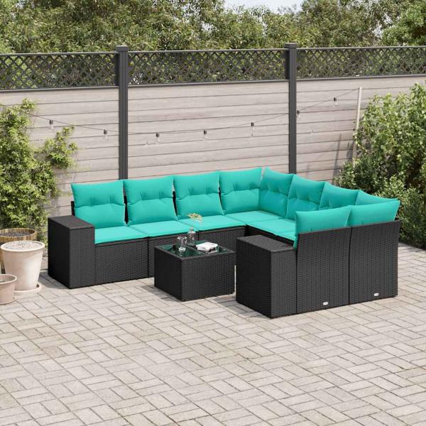 ARDEBO.de - 9-teiliges Gartensofa-Set mit Kissen, schwarzes Polyrattan