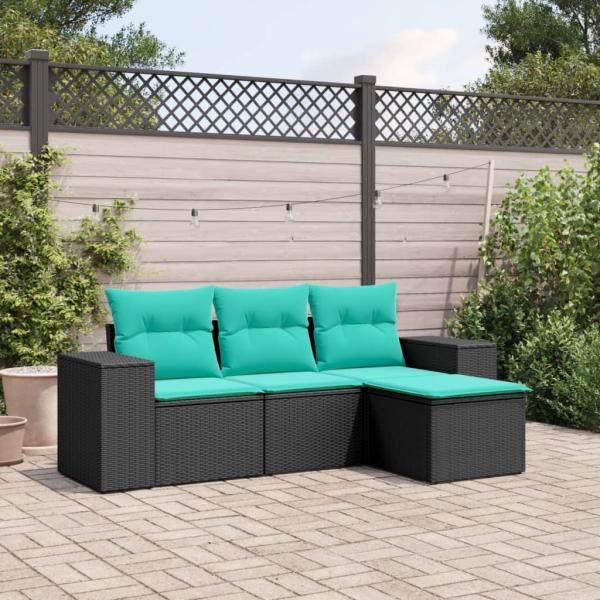 ARDEBO.de - 4-teiliges Gartensofa-Set mit Kissen, schwarzes Polyrattan
