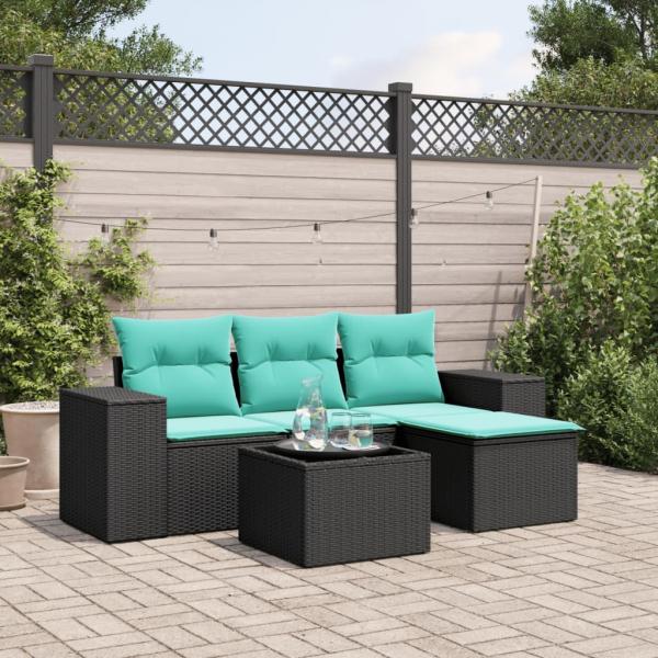 ARDEBO.de - 5-teiliges Gartensofa-Set mit Kissen, schwarzes Polyrattan