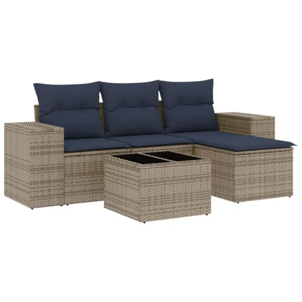 5-teiliges Gartensofa-Set mit Kissen, grau, Polyrattan