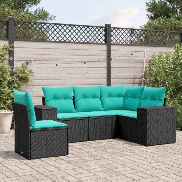 ARDEBO.de - 5-teiliges Gartensofa-Set mit Kissen, schwarzes Polyrattan