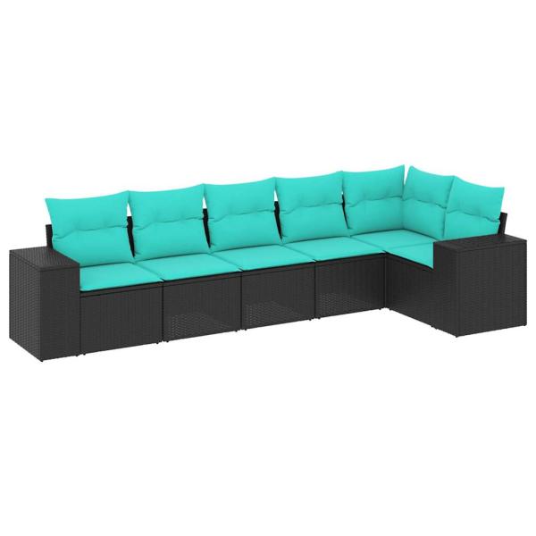 6-teiliges Gartensofa-Set mit Kissen, schwarzes Polyrattan