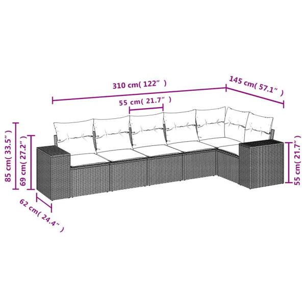 6-teiliges Gartensofa-Set mit Kissen, schwarzes Polyrattan