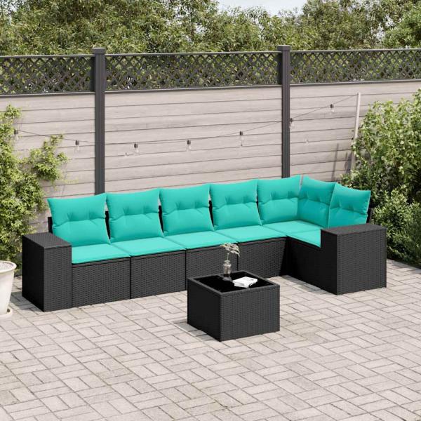 ARDEBO.de - 7-teiliges Gartensofa-Set mit Kissen, schwarzes Polyrattan