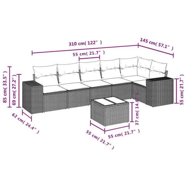 7-teiliges Gartensofa-Set mit Kissen, grau, Polyrattan