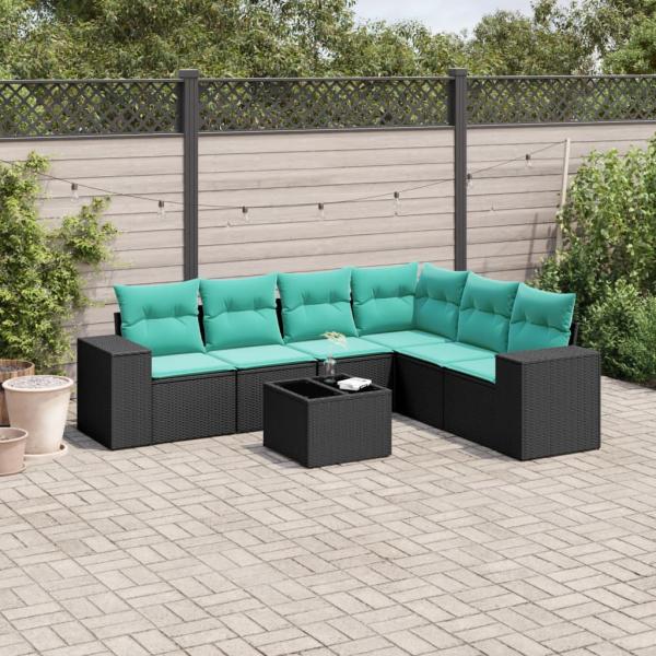 ARDEBO.de - 7-teiliges Gartensofa-Set mit Kissen, schwarzes Polyrattan
