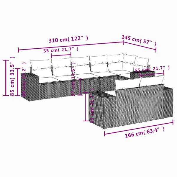 8-teiliges Gartensofa-Set mit Kissen, grau, Polyrattan