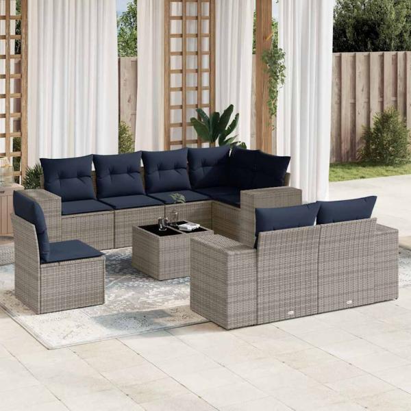 ARDEBO.de - 9-teiliges Gartensofa-Set mit Kissen, grau, Polyrattan