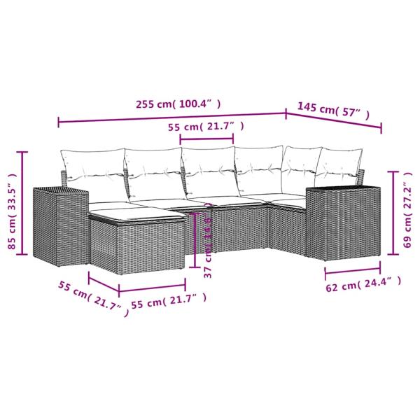 6-teiliges Gartensofa-Set mit Kissen, braun, Polyrattan