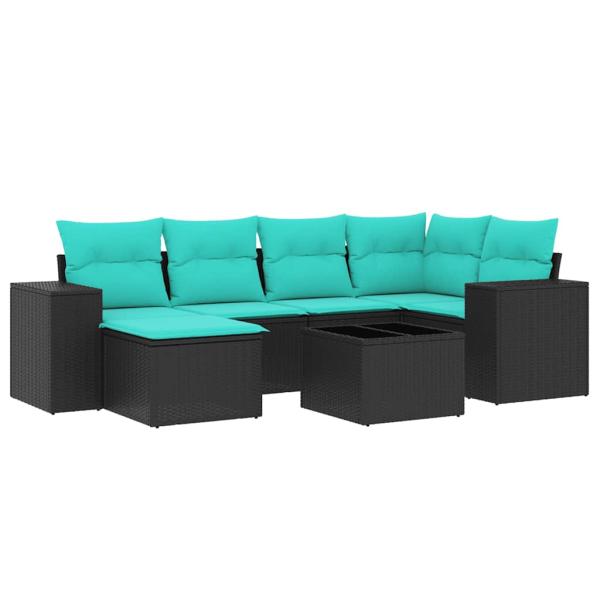 7-teiliges Gartensofa-Set mit Kissen, schwarzes Polyrattan
